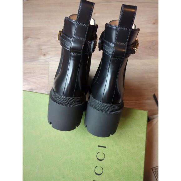 Gucci Trip Signature Logo Leather Chelsea Combat Ankle Heeled Boots Womens 38 - Picture 13 of 16